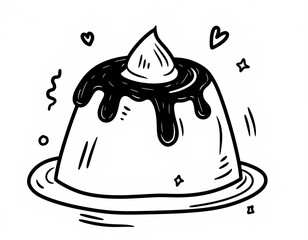 Hand-Drawn Black and White Pudding with Caramel and Whipped Cream Doodle