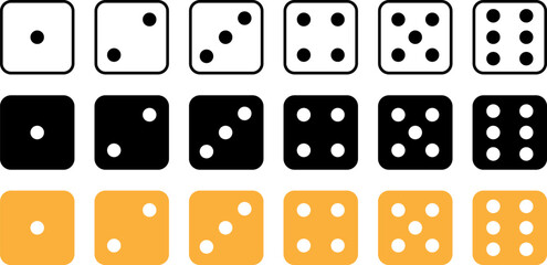 A set of dice showing numbers one through six in white black and orange