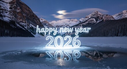New year 2026 celebration illuminated on a frozen lake with mountains