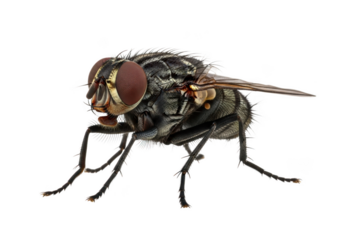 Closeup of a common housefly with detailed features, isolated on transparent background