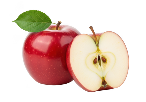 A whole red apple and a half apple showing its core and seeds, isolated on transparent background