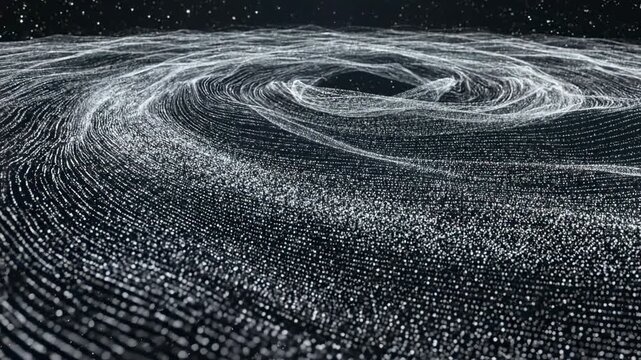 Sweeping aerial metaphorical view of millions of tiny white points organizing themselves into a massive slowly swirling waveform structure tiny white points, organizing themselves, order