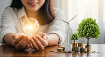 Person holding glowing light bulb, representing green energy, with wind turbine, money, trees on wooden table indoors