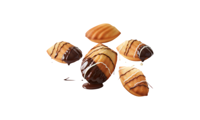 Madeleines are these cute little French sponge cakes shaped like shells, drizzled with melted chocolate, and set against a white background.