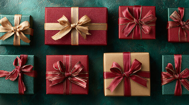 A collection of red and gold wrapped gift boxes with matching satin ribbons neatly arranged on a green textured surface, creating a festive contrast with soft natural shadows 