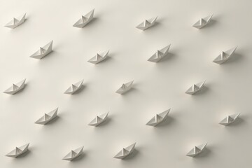 Fototapeta premium A Fleet of Simple Paper Boats Sailing in Unison on a Neutral Background, Representing Collective Effort and Shared Journey