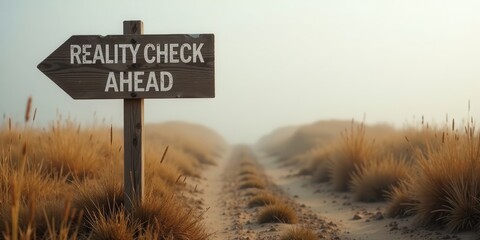 Wooden signpost on a path ahead indicating a reality check is coming soon