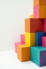 Obraz premium A colorful arrangement of wooden blocks forming an abstract geometric structure on a bright surface