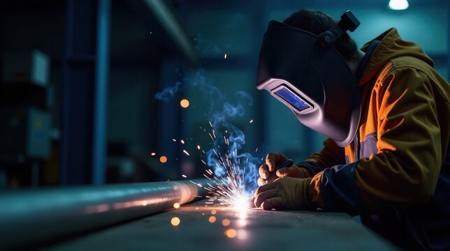 A Focused Welder in Protective Gear Skillfully Fuses Metal Pipes in an Industrial Setting