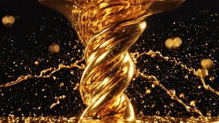 Ultra slow motion macro shot of shimmering golden liquid coalescing and swirling upwards against a contrasting dark background symbolizing emerging power coalescing, texture, luxury - Powered by Adobe