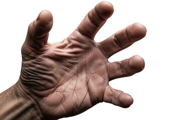 Closeup of an elderly persons wrinkled hand reaching out, isolated on transparent background