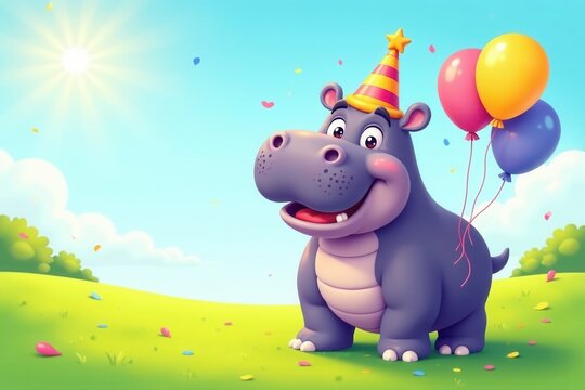 A cheerful hippopotamus celebrates a joyous occasion on a sunlit meadow, adorned with a festive party hat and colorful balloons, creating a delightful scene of happiness and celebration.