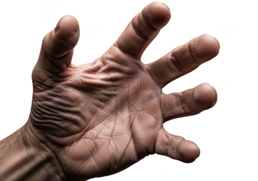 Closeup of an elderly persons wrinkled hand reaching out, isolated on transparent background