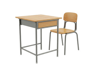 A simple wooden school desk with a metal frame and a matching chair, isolated on transparent background