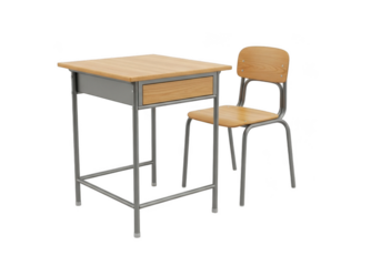 A simple wooden school desk with a metal frame and a matching chair, isolated on transparent background