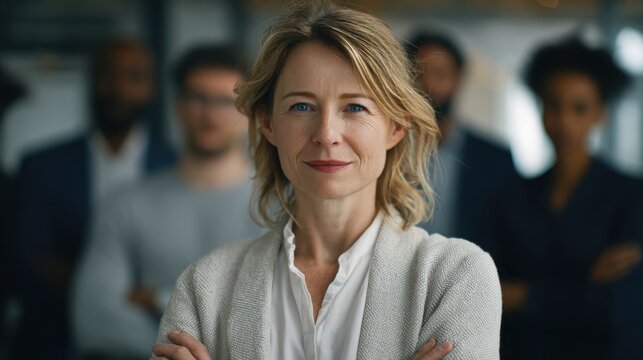 Confident Mature Woman Wearing White Blouse and Gray Cardigan Standing in Modern Office with Diverse Team
