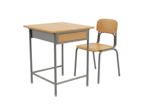 A simple wooden school desk with a metal frame and a matching chair, isolated on transparent background