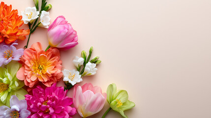 Fototapeta premium Light Pastel Background with Delicate Spring Flowers at Edges