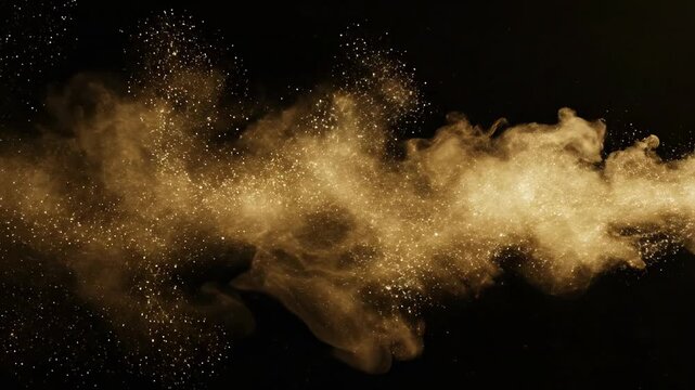 A dense cloud of shimmering golden dust particles suspended and slowly drifting across a deep black void background suitable for overlay wave, fantasy, black
