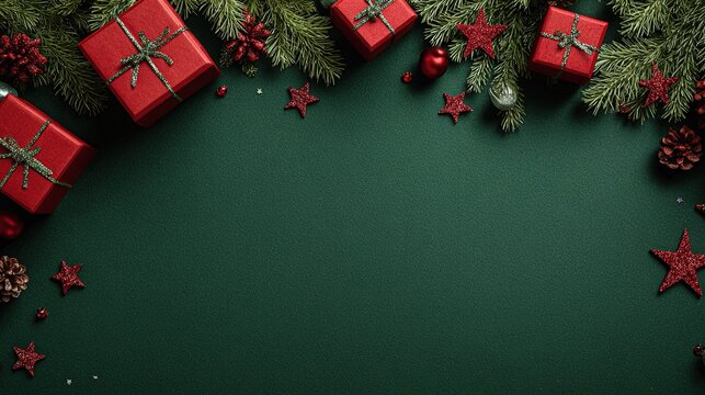 Green Christmas background with red gold decorations, gifts, gingerbread ribbons, and candy cane, festive joyful holiday theme, 3D rendering for greeting cards