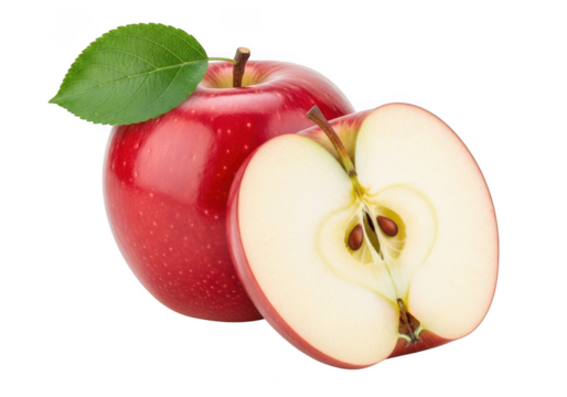 A whole red apple with a leaf and a half apple showing seeds, isolated on transparent background