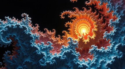 Vibrant fractal pattern with glowing center and blue edges