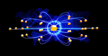 Global data file sharing network showing folders connected over a digital world map, and secure communication. Technology big data digital background. 3d,4K