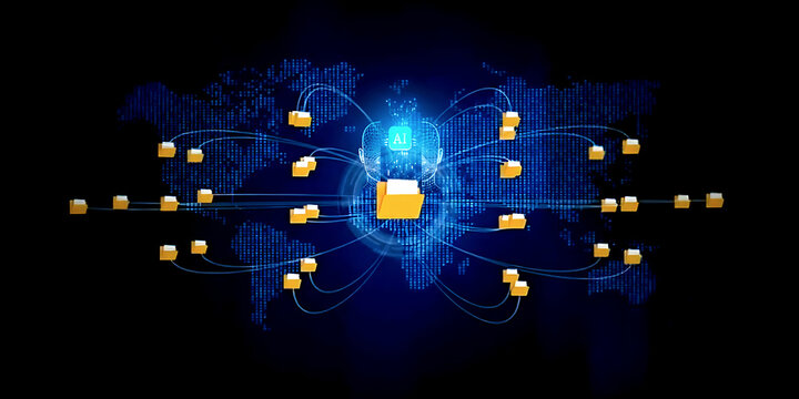 Global data file sharing network showing folders connected over a digital world map, and secure communication. Technology big data digital background. 3d,4K 