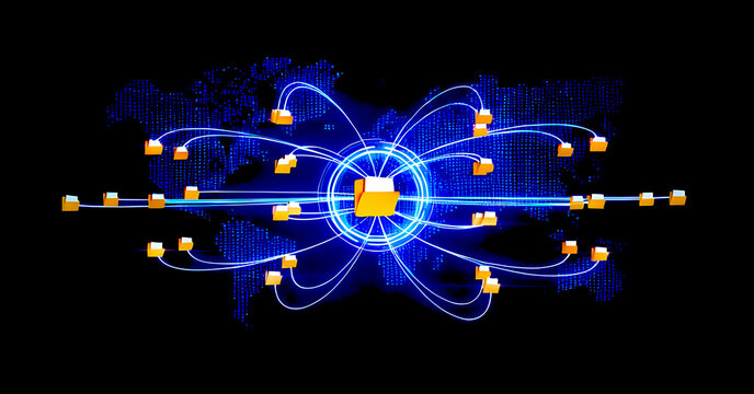 Global data file sharing network showing folders connected over a digital world map, and secure communication. Technology big data digital background. 3d,4K 