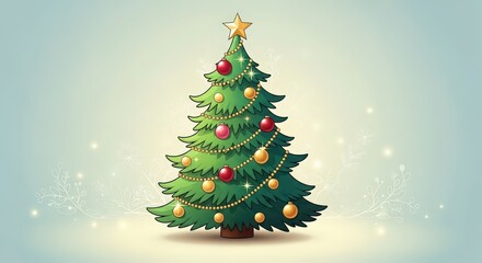 Obraz premium Whimsical Christmas Tree Illustration with Festive Decorations and Golden Star on a Light Background