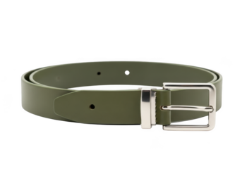 A plain green leather belt with a silver buckle, isolated on transparent background