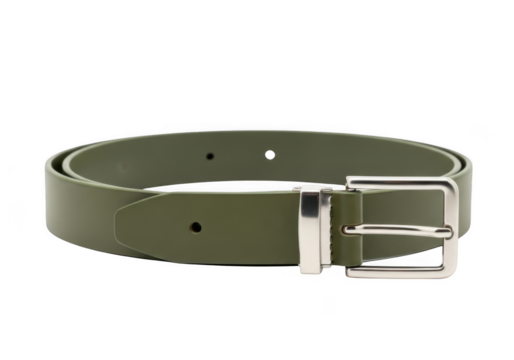A plain green leather belt with a silver buckle, isolated on transparent background