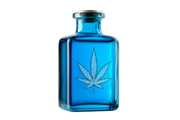 Blue Glass Bottle with Etched Cannabis Leaf and Cork