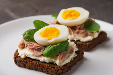 Two smorrebrods garnished with tuna, eggs, cream cheese on rye bread served on a white plate. Traditional Danish snack.