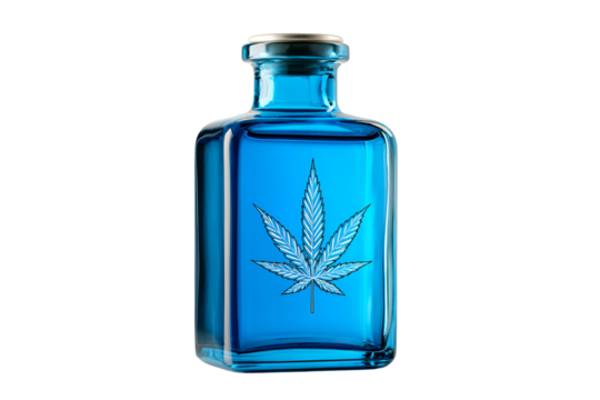 Blue Glass Bottle with Etched Cannabis Leaf and Cork - Powered by Adobe
