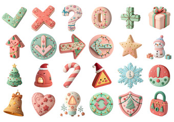 A cute soft 3D clay Christmas icon set in pastel colors, featuring arrows, symbols, decorations, and holiday elements. High-quality festive illustrations ideal for apps, websites, and seasonal designs