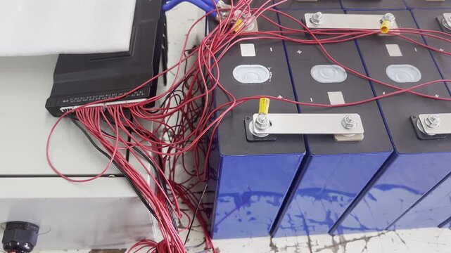 Electrician connect BMS (Battery Management System) to Lifepo4 battery pack for off-grid solar system. Lifepo4 Battery Management System Concept.