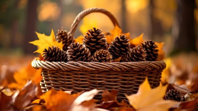 A rustic basket brimming with pine cones and autumn leaves against a soft, blurred backdrop