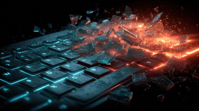 Neon Keyboard Shattered by Glitch Effect in a Dramatic Cybercrime Scene With Hacking Undertones
