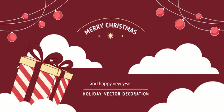 Maroon holiday graphic with hanging ornaments, striped gift boxes, and festive greeting: “MERRY CHRISTMAS and happy new year.”