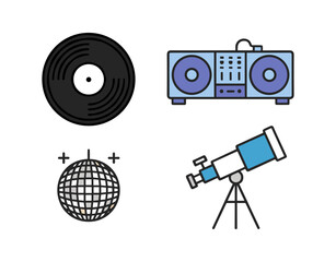 Music party and astronomy science themed icons
