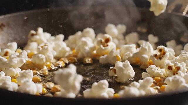 Close-up of yellow corn kernels rapidly popping into fluffy white popcorn in a hot skillet with steam rising.