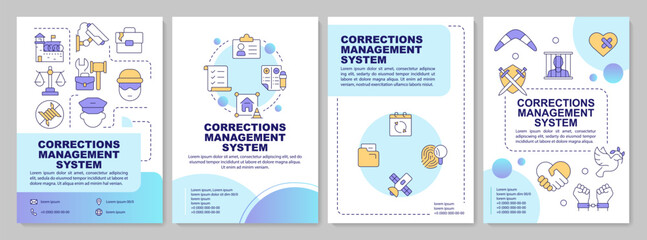 Corrections management system blue circle brochure layout. Penitentiary network. Leaflet advertising design with color line icons. Editable 4 pages. Arial-Bold, Myriad Pro-Regular fonts used