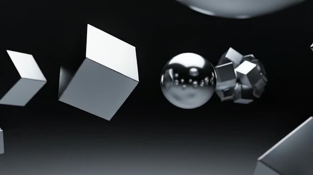 Minimalist silver geometric cubes and spheres float slowly in a dark void, interlocking and separating with precise, ethereal movement architecture, spheres, digital