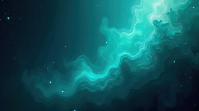 Vibrant teal nebula swirls with tiny stars in deep space - Powered by Adobe
