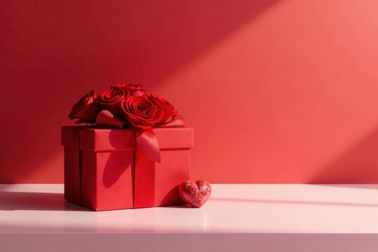 Red gift box adorned with a bouquet of crimson roses, accompanied by a small heart-shaped decorative element, sits on a pale surface against a vibrant red backdrop. - Powered by Adobe