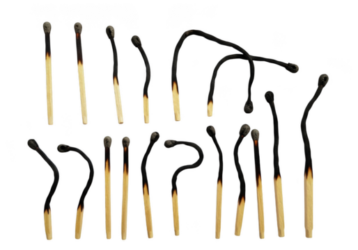 A collection of burnt matches isolated on transparent background