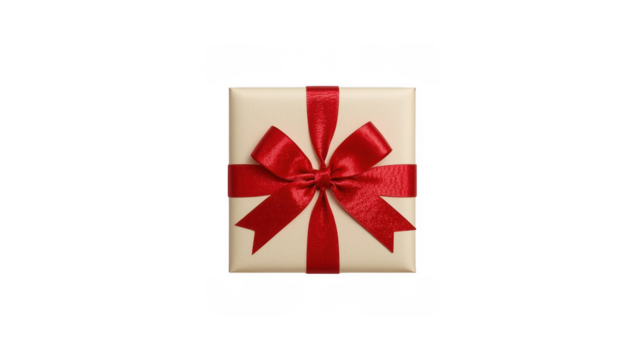 Square gift box with cream colored wrapping paper and a bright red satin bow on a black background