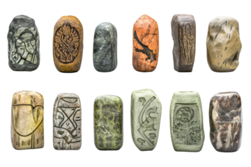 Ancient rectangular stone talismans with carvings
