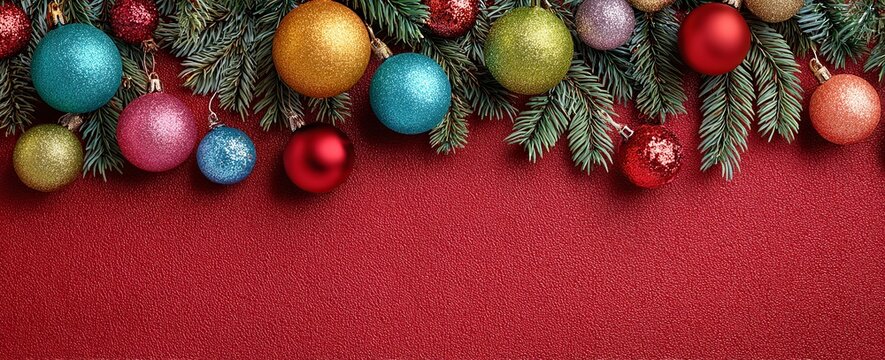 Christmas tree branches with colorful baubles on red textured background holiday decoration